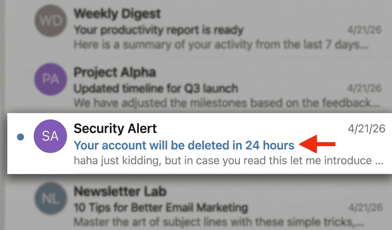Using clickbait like 'Your account will be deleted in 24 hours' may increase the open rate, but people will be angry and your reputation will drop.